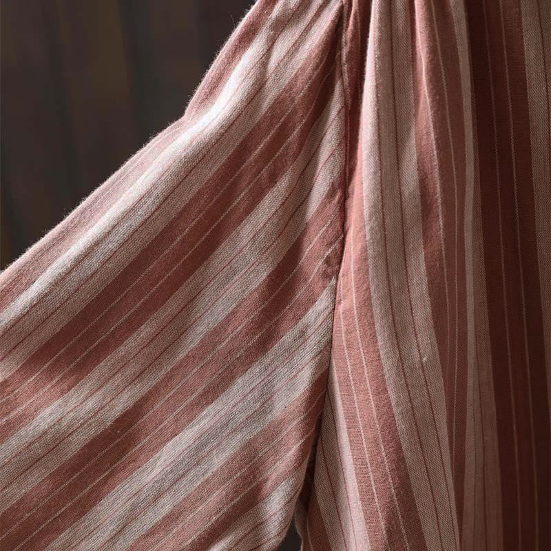 Nimara Ritual Fall Vertical Stripes Button Down Stand Collar Long Sleeve Women's Cotton Shirt