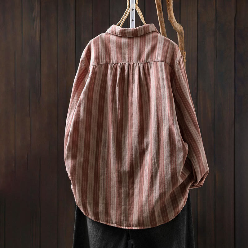 Nimara Ritual Fall Vertical Stripes Button Down Stand Collar Long Sleeve Women's Cotton Shirt