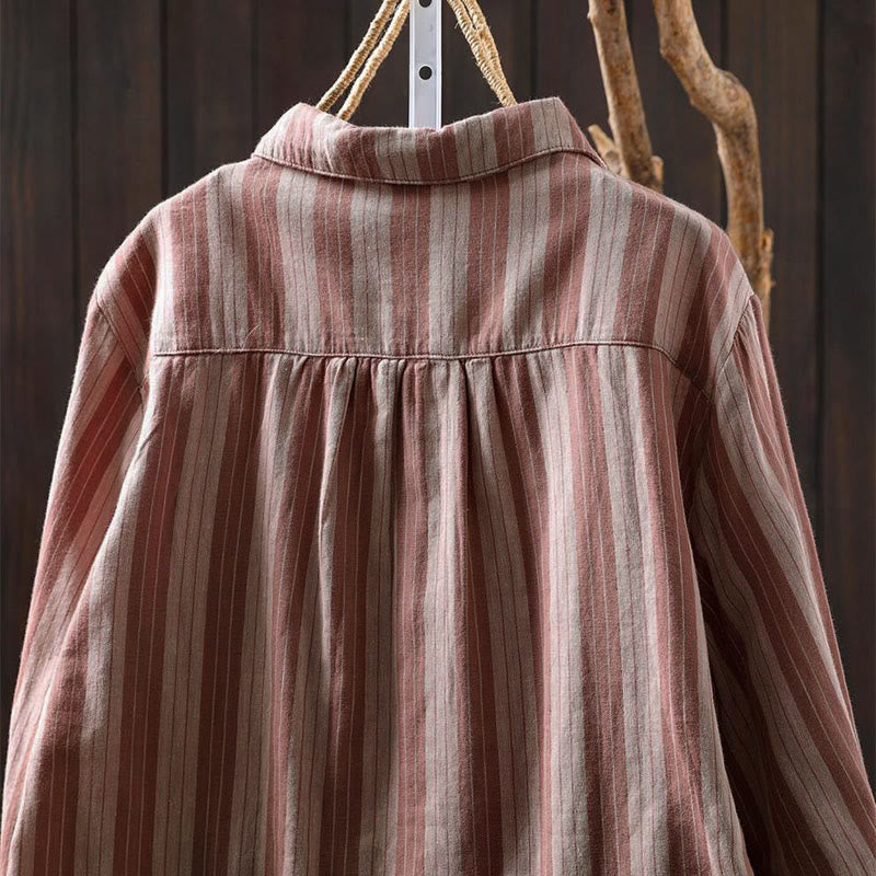 Nimara Ritual Fall Vertical Stripes Button Down Stand Collar Long Sleeve Women's Cotton Shirt