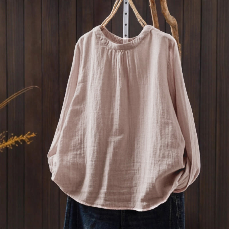 Nimara Ritual Fall Crew Neck Back Button Down Design Long Sleeve Women's Cotton Shirt