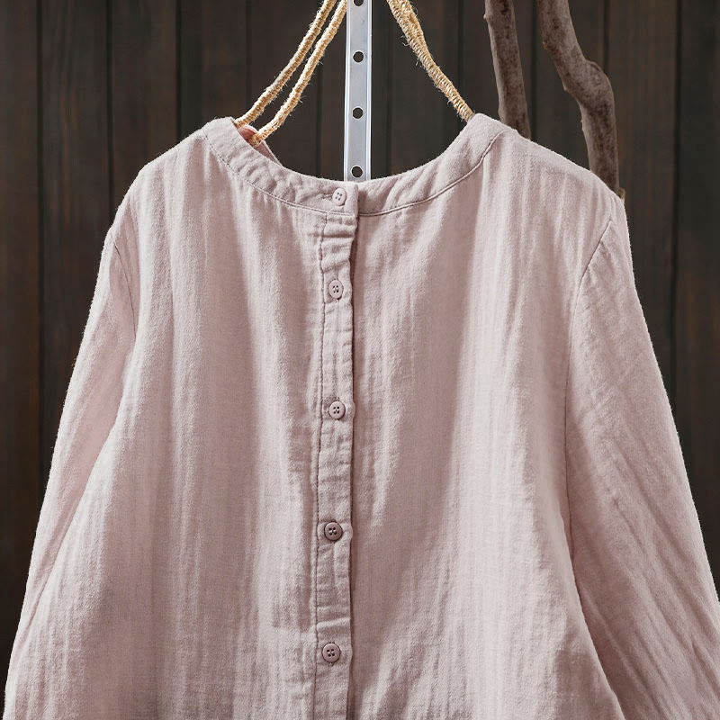 Nimara Ritual Fall Crew Neck Back Button Down Design Long Sleeve Women's Cotton Shirt