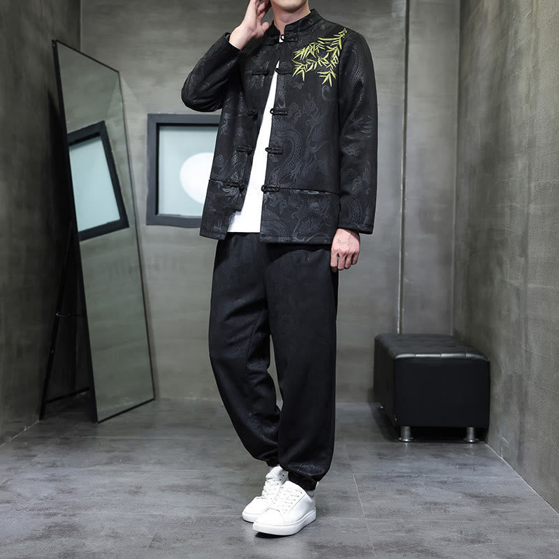 Nimara Ritual 2Pcs Spring Dragon Bamboo Clouds Men's Tang Suit Frog-Button Cotton Long Sleeve Jacket Pants Set With Pockets