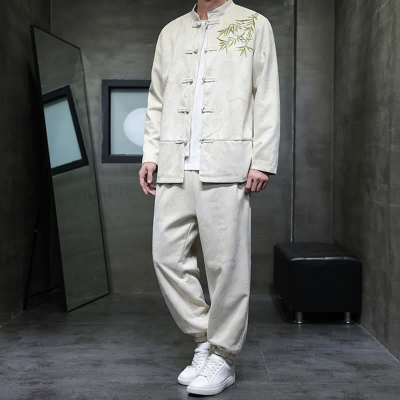 Nimara Ritual 2Pcs Spring Dragon Bamboo Clouds Men's Tang Suit Frog-Button Cotton Long Sleeve Jacket Pants Set With Pockets