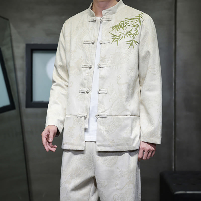 Nimara Ritual 2Pcs Spring Dragon Bamboo Clouds Men's Tang Suit Frog-Button Cotton Long Sleeve Jacket Pants Set With Pockets