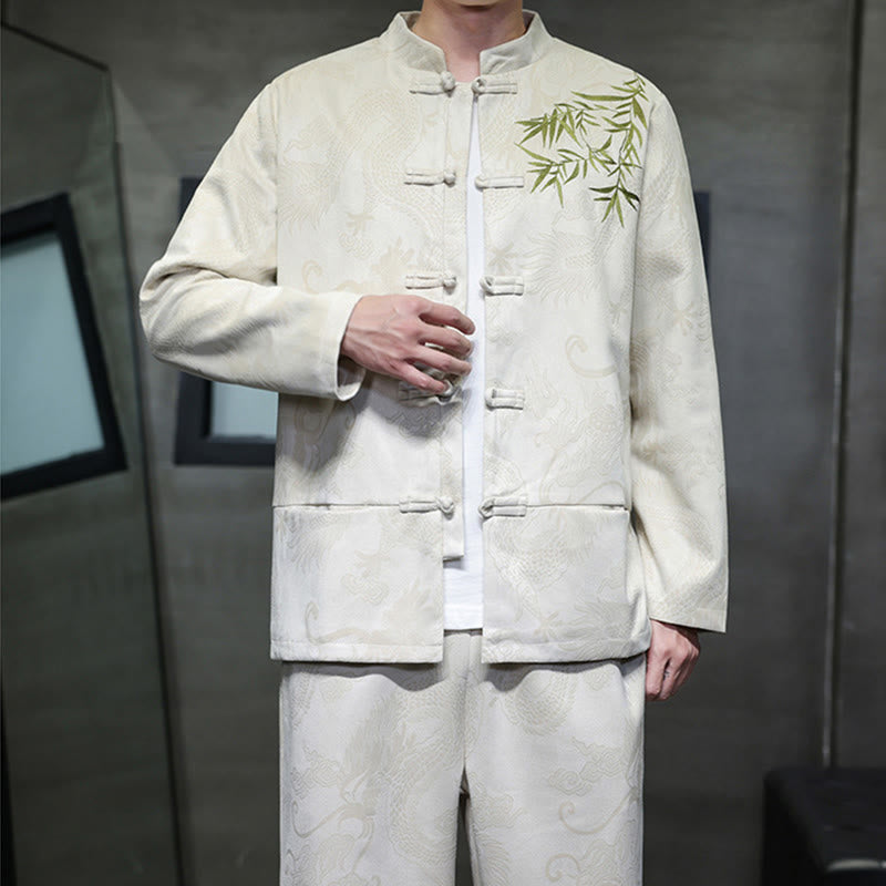 Nimara Ritual 2Pcs Spring Dragon Bamboo Clouds Men's Tang Suit Frog-Button Cotton Long Sleeve Jacket Pants Set With Pockets