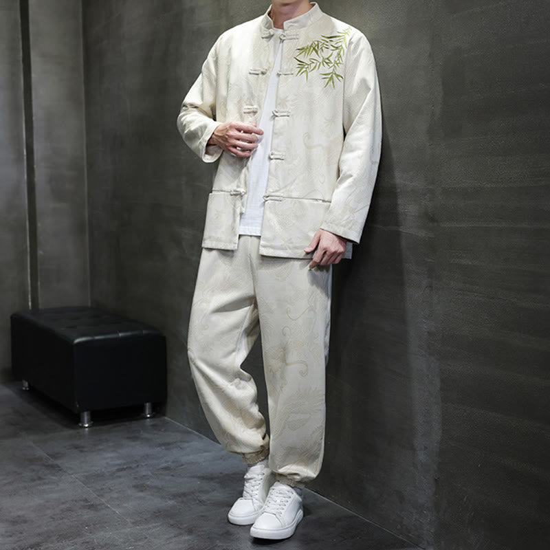 Nimara Ritual 2Pcs Spring Dragon Bamboo Clouds Men's Tang Suit Frog-Button Cotton Long Sleeve Jacket Pants Set With Pockets