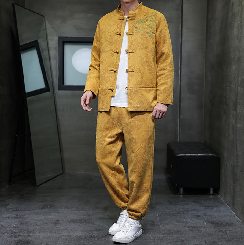 Nimara Ritual 2Pcs Spring Dragon Bamboo Clouds Men's Tang Suit Frog-Button Cotton Long Sleeve Jacket Pants Set With Pockets