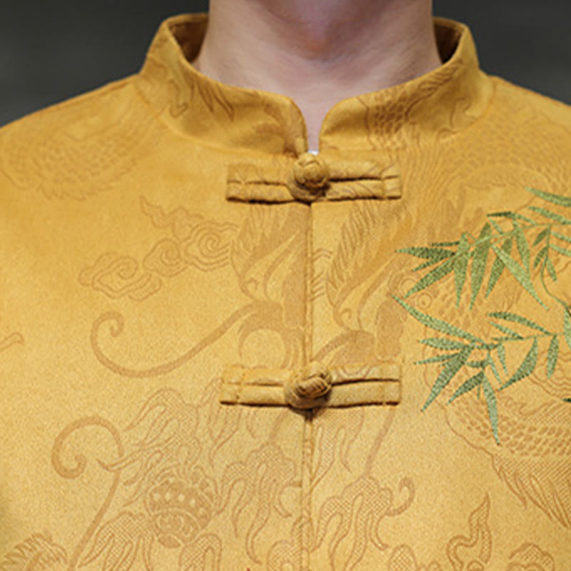 Nimara Ritual 2Pcs Spring Dragon Bamboo Clouds Men's Tang Suit Frog-Button Cotton Long Sleeve Jacket Pants Set With Pockets
