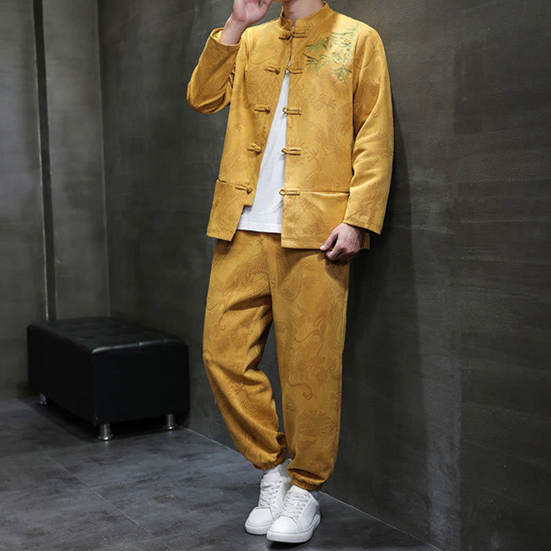 Nimara Ritual 2Pcs Spring Dragon Bamboo Clouds Men's Tang Suit Frog-Button Cotton Long Sleeve Jacket Pants Set With Pockets