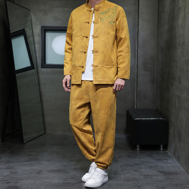 Nimara Ritual 2Pcs Spring Dragon Bamboo Clouds Men's Tang Suit Frog-Button Cotton Long Sleeve Jacket Pants Set With Pockets
