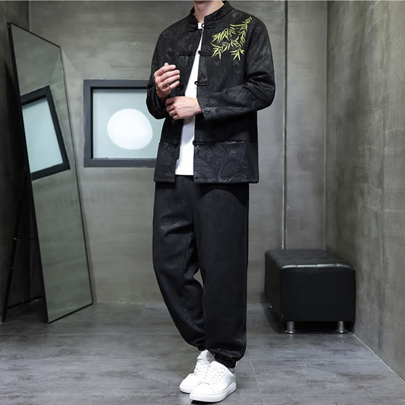 Nimara Ritual 2Pcs Spring Dragon Bamboo Clouds Men's Tang Suit Frog-Button Cotton Long Sleeve Jacket Pants Set With Pockets