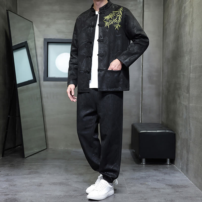 Nimara Ritual 2Pcs Spring Dragon Bamboo Clouds Men's Tang Suit Frog-Button Cotton Long Sleeve Jacket Pants Set With Pockets