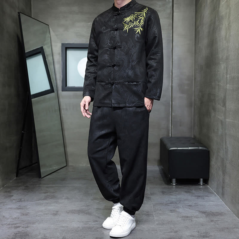 Nimara Ritual 2Pcs Spring Dragon Bamboo Clouds Men's Tang Suit Frog-Button Cotton Long Sleeve Jacket Pants Set With Pockets