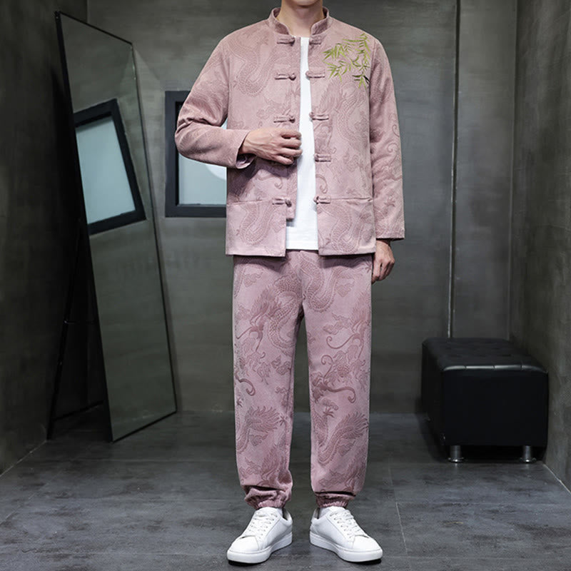 Nimara Ritual 2Pcs Spring Dragon Bamboo Clouds Men's Tang Suit Frog-Button Cotton Long Sleeve Jacket Pants Set With Pockets