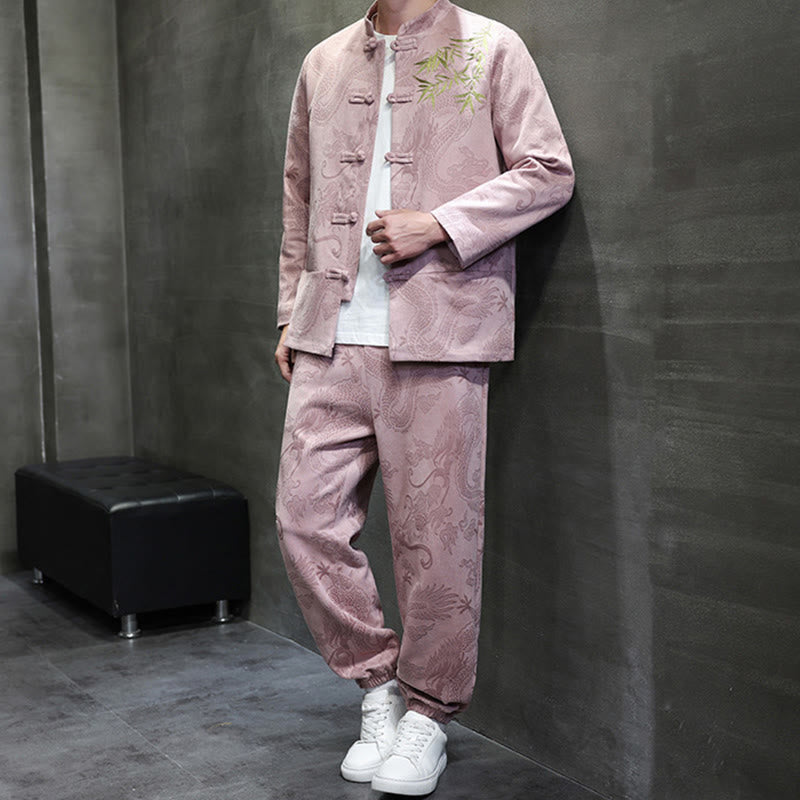Nimara Ritual 2Pcs Spring Dragon Bamboo Clouds Men's Tang Suit Frog-Button Cotton Long Sleeve Jacket Pants Set With Pockets