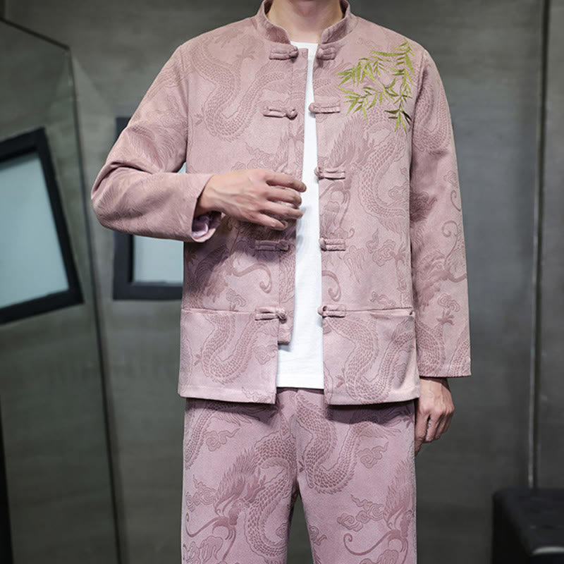 Nimara Ritual 2Pcs Spring Dragon Bamboo Clouds Men's Tang Suit Frog-Button Cotton Long Sleeve Jacket Pants Set With Pockets