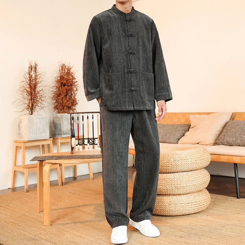 Nimara Ritual 2Pcs Winter Thick Men's Tang Suit Frog-Button Cotton Corduroy Long Sleeve Jacket Pants Set With Pockets