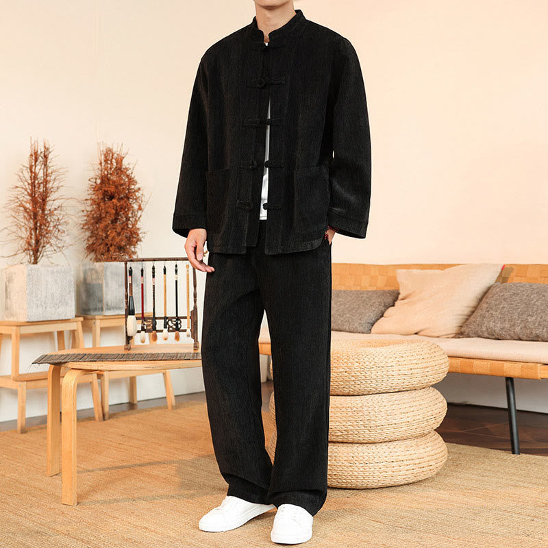 Nimara Ritual 2Pcs Winter Thick Men's Tang Suit Frog-Button Cotton Corduroy Long Sleeve Jacket Pants Set With Pockets