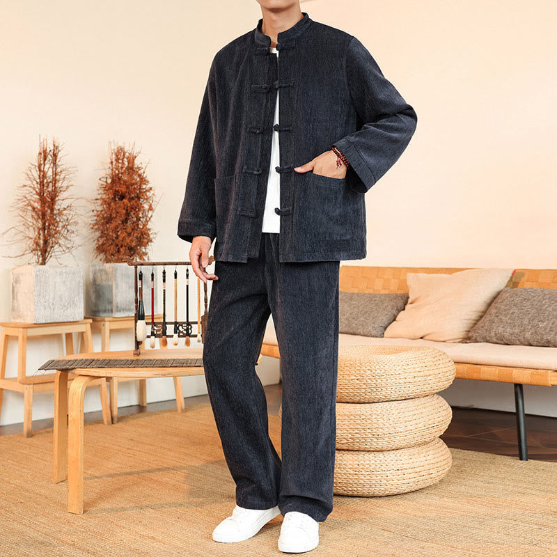 Nimara Ritual 2Pcs Winter Thick Men's Tang Suit Frog-Button Cotton Corduroy Long Sleeve Jacket Pants Set With Pockets