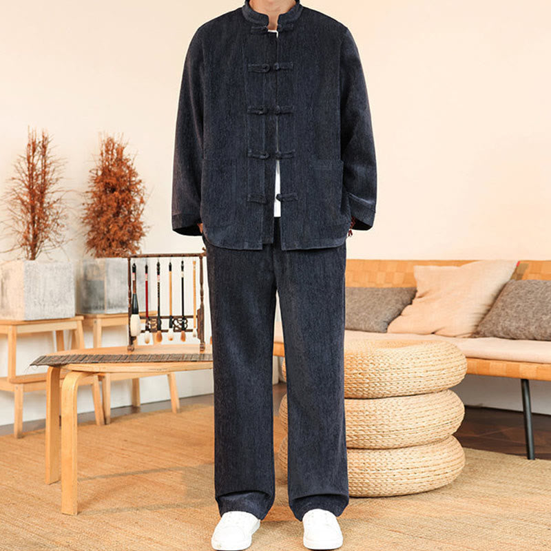 Nimara Ritual 2Pcs Winter Thick Men's Tang Suit Frog-Button Cotton Corduroy Long Sleeve Jacket Pants Set With Pockets