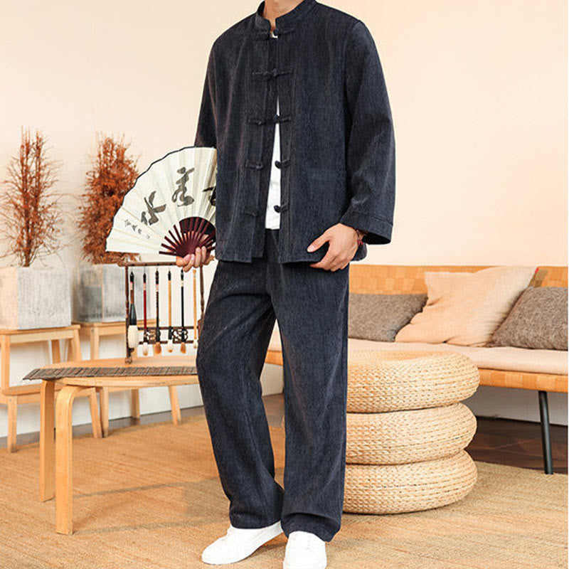 Nimara Ritual 2Pcs Winter Thick Men's Tang Suit Frog-Button Cotton Corduroy Long Sleeve Jacket Pants Set With Pockets
