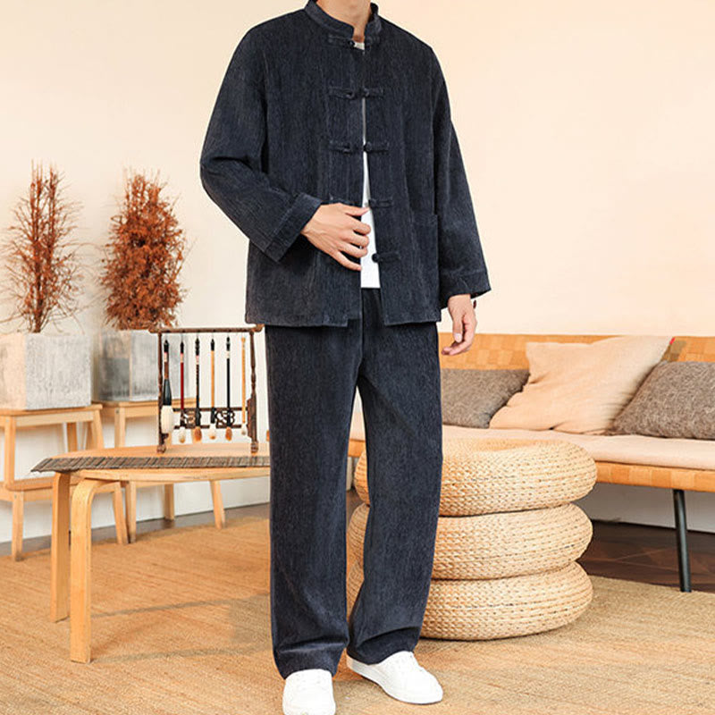 Nimara Ritual 2Pcs Winter Thick Men's Tang Suit Frog-Button Cotton Corduroy Long Sleeve Jacket Pants Set With Pockets
