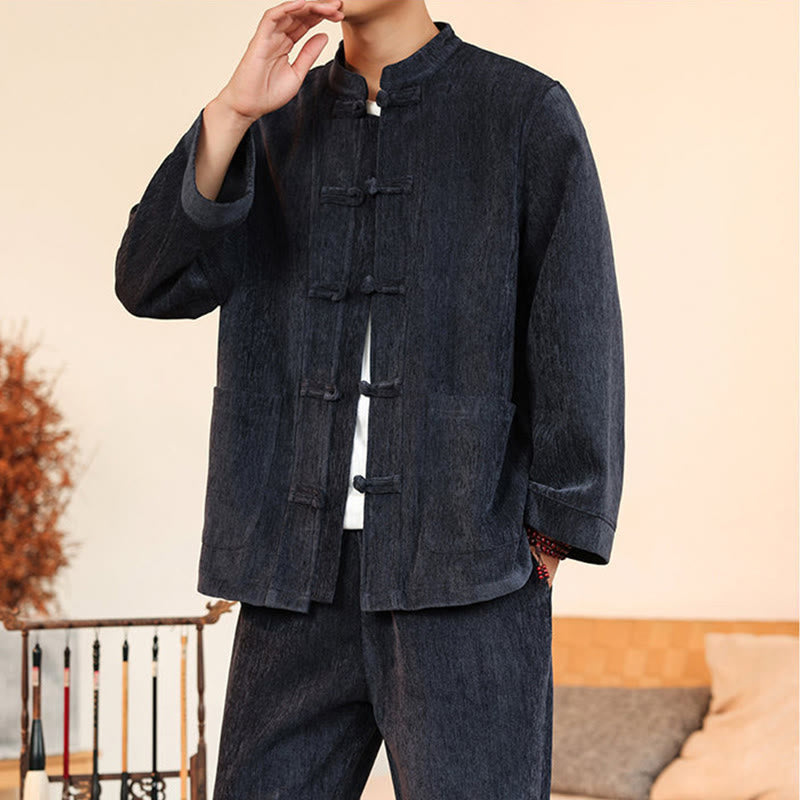 Nimara Ritual 2Pcs Winter Thick Men's Tang Suit Frog-Button Cotton Corduroy Long Sleeve Jacket Pants Set With Pockets