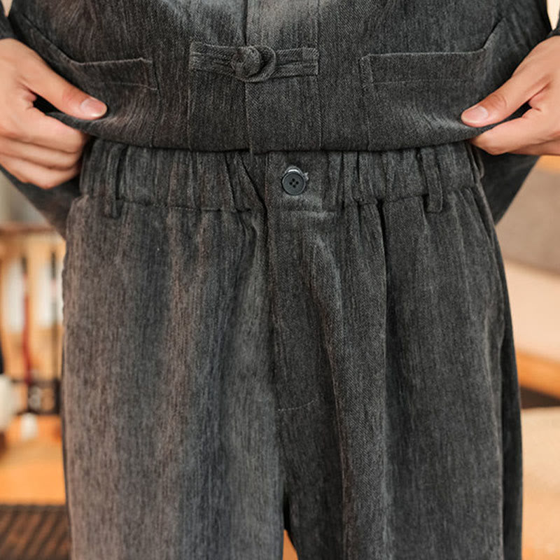 Nimara Ritual 2Pcs Winter Thick Men's Tang Suit Frog-Button Cotton Corduroy Long Sleeve Jacket Pants Set With Pockets