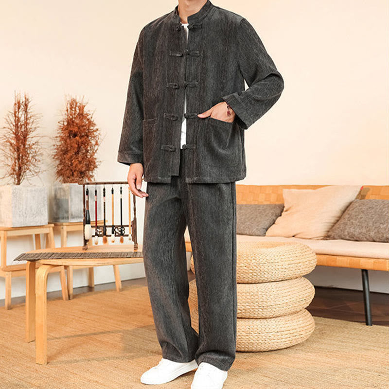 Nimara Ritual 2Pcs Winter Thick Men's Tang Suit Frog-Button Cotton Corduroy Long Sleeve Jacket Pants Set With Pockets