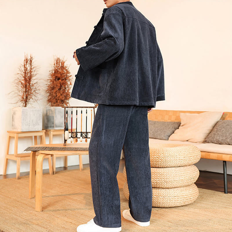 Nimara Ritual 2Pcs Winter Thick Men's Tang Suit Frog-Button Cotton Corduroy Long Sleeve Jacket Pants Set With Pockets