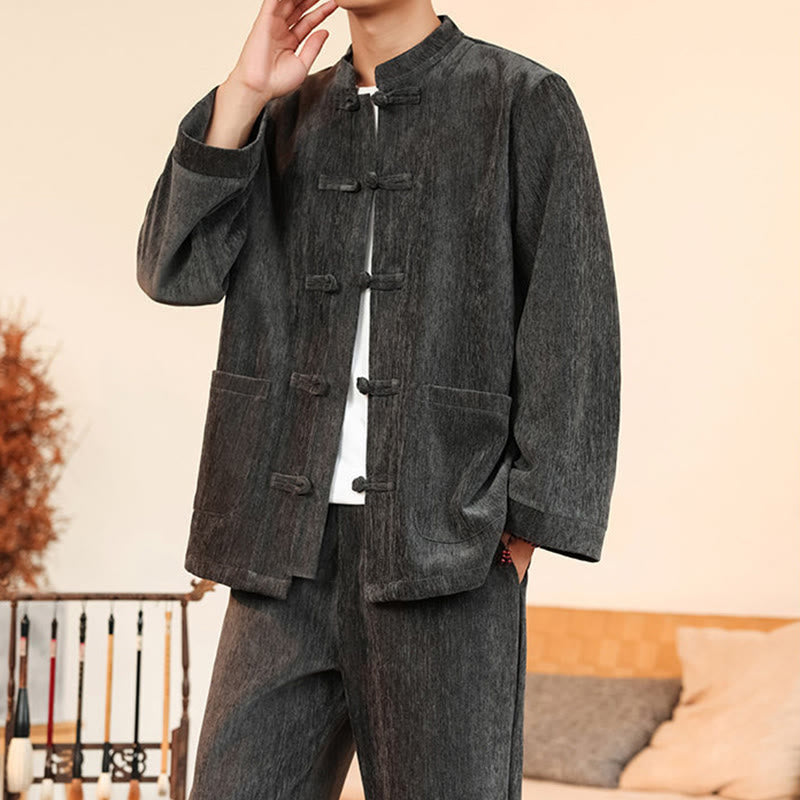 Nimara Ritual 2Pcs Winter Thick Men's Tang Suit Frog-Button Cotton Corduroy Long Sleeve Jacket Pants Set With Pockets