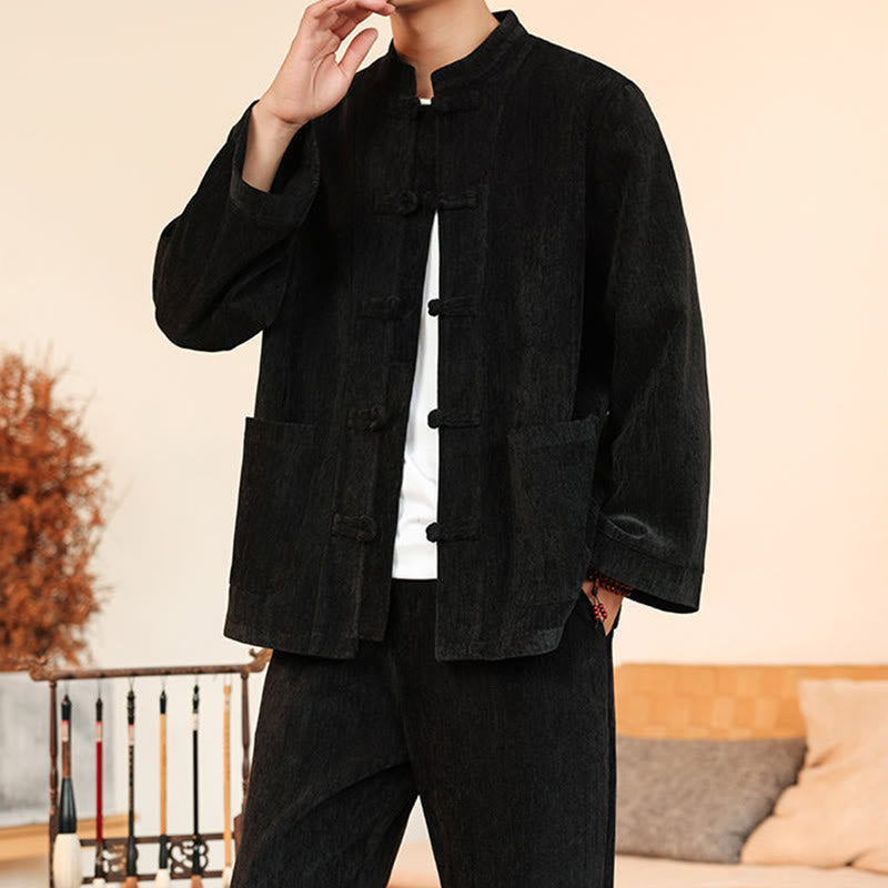 Nimara Ritual 2Pcs Winter Thick Men's Tang Suit Frog-Button Cotton Corduroy Long Sleeve Jacket Pants Set With Pockets
