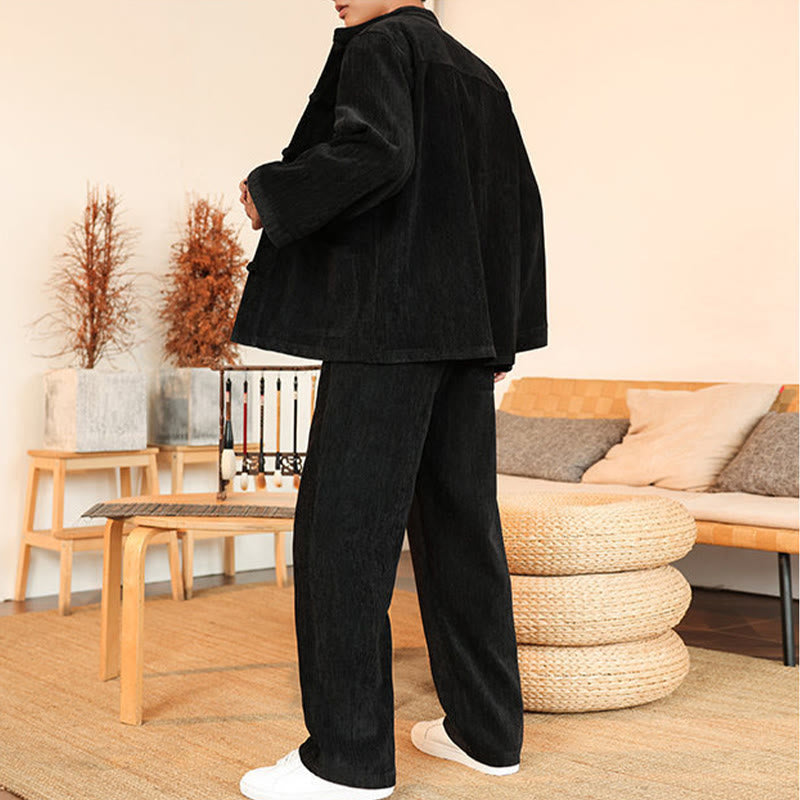 Nimara Ritual 2Pcs Winter Thick Men's Tang Suit Frog-Button Cotton Corduroy Long Sleeve Jacket Pants Set With Pockets