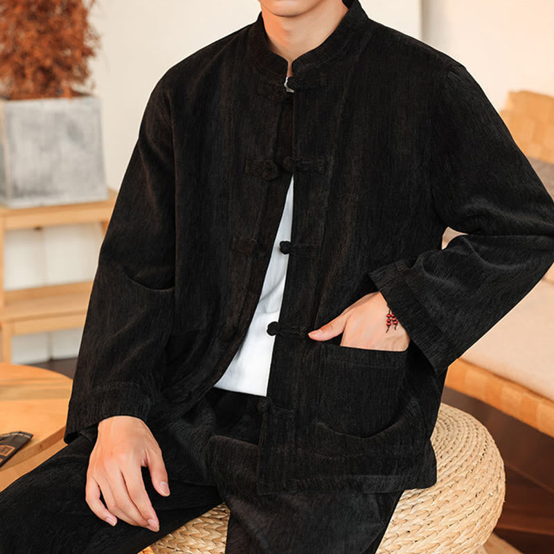 Nimara Ritual 2Pcs Winter Thick Men's Tang Suit Frog-Button Cotton Corduroy Long Sleeve Jacket Pants Set With Pockets
