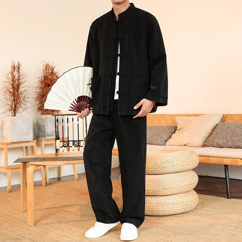 Nimara Ritual 2Pcs Winter Thick Men's Tang Suit Frog-Button Cotton Corduroy Long Sleeve Jacket Pants Set With Pockets