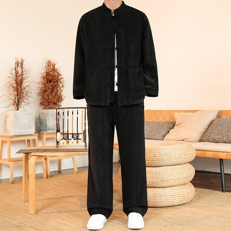 Nimara Ritual 2Pcs Winter Thick Men's Tang Suit Frog-Button Cotton Corduroy Long Sleeve Jacket Pants Set With Pockets