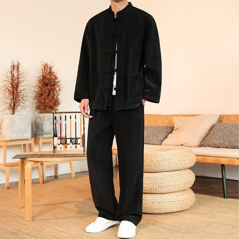 Nimara Ritual 2Pcs Winter Thick Men's Tang Suit Frog-Button Cotton Corduroy Long Sleeve Jacket Pants Set With Pockets