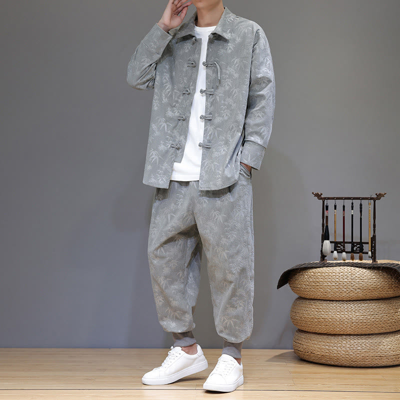 Nimara Ritual 2Pcs Winter Thick Bamboo Men's Tang Suit Frog-Button Cotton Corduroy Long Sleeve Jacket Pants Set With Pockets