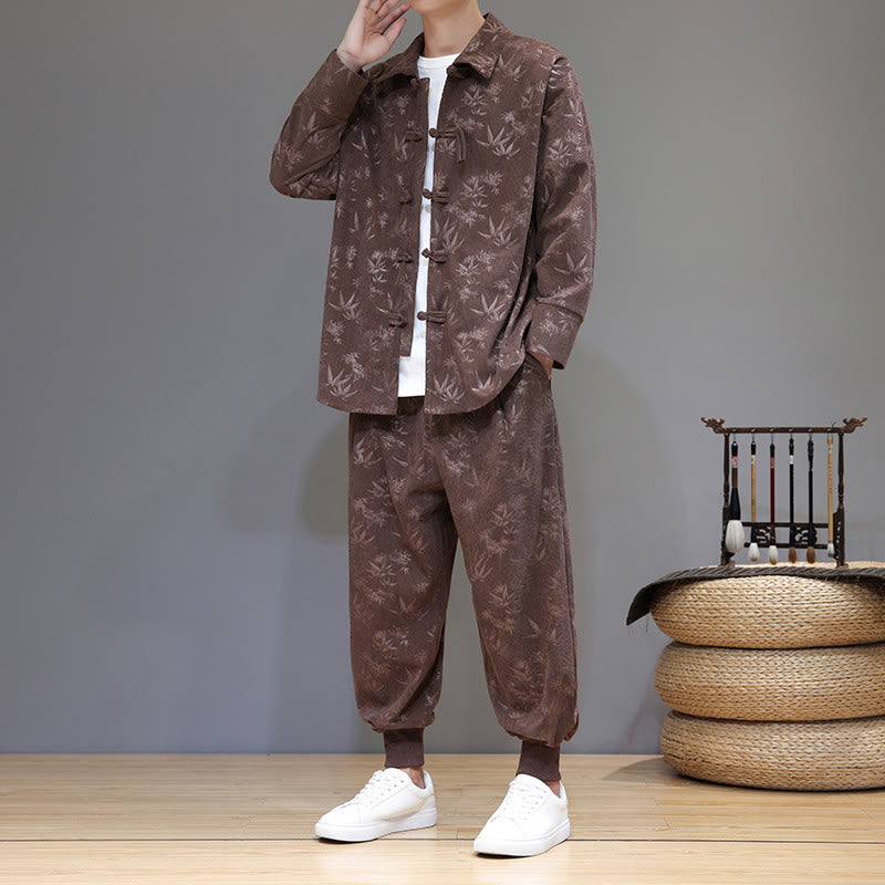 Nimara Ritual 2Pcs Winter Thick Bamboo Men's Tang Suit Frog-Button Cotton Corduroy Long Sleeve Jacket Pants Set With Pockets