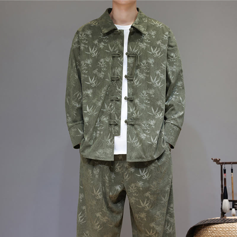 Nimara Ritual 2Pcs Winter Thick Bamboo Men's Tang Suit Frog-Button Cotton Corduroy Long Sleeve Jacket Pants Set With Pockets
