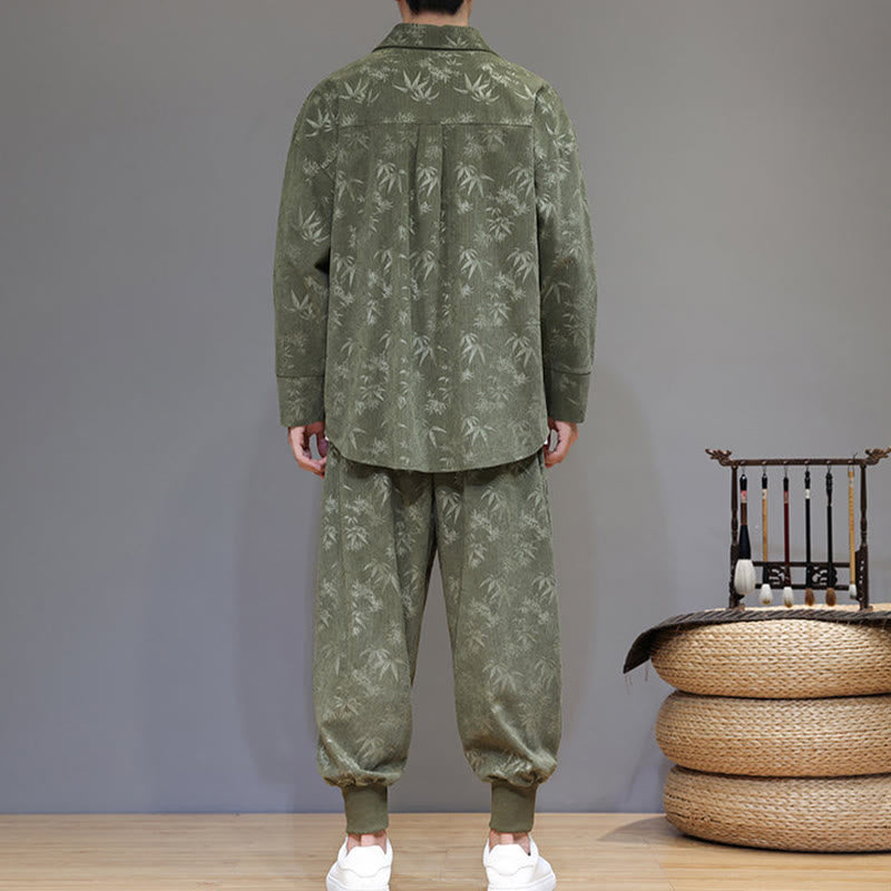Nimara Ritual 2Pcs Winter Thick Bamboo Men's Tang Suit Frog-Button Cotton Corduroy Long Sleeve Jacket Pants Set With Pockets
