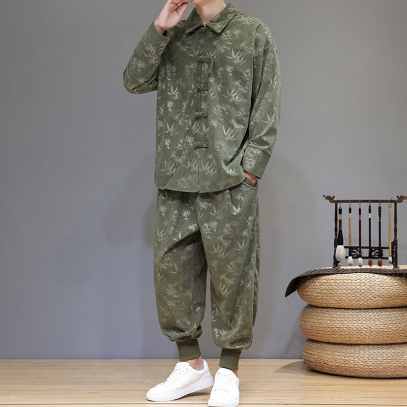 Nimara Ritual 2Pcs Winter Thick Bamboo Men's Tang Suit Frog-Button Cotton Corduroy Long Sleeve Jacket Pants Set With Pockets