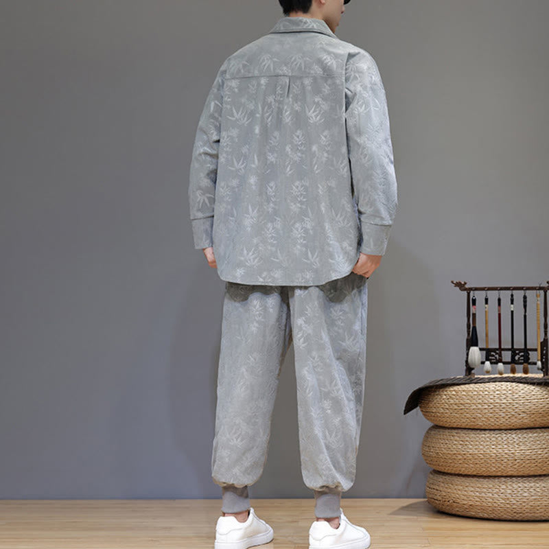 Nimara Ritual 2Pcs Winter Thick Bamboo Men's Tang Suit Frog-Button Cotton Corduroy Long Sleeve Jacket Pants Set With Pockets