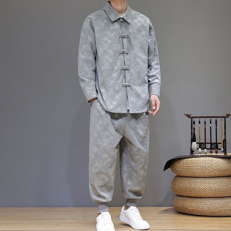 Nimara Ritual 2Pcs Winter Thick Bamboo Men's Tang Suit Frog-Button Cotton Corduroy Long Sleeve Jacket Pants Set With Pockets