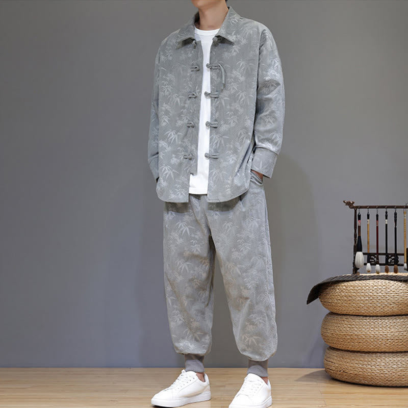 Nimara Ritual 2Pcs Winter Thick Bamboo Men's Tang Suit Frog-Button Cotton Corduroy Long Sleeve Jacket Pants Set With Pockets
