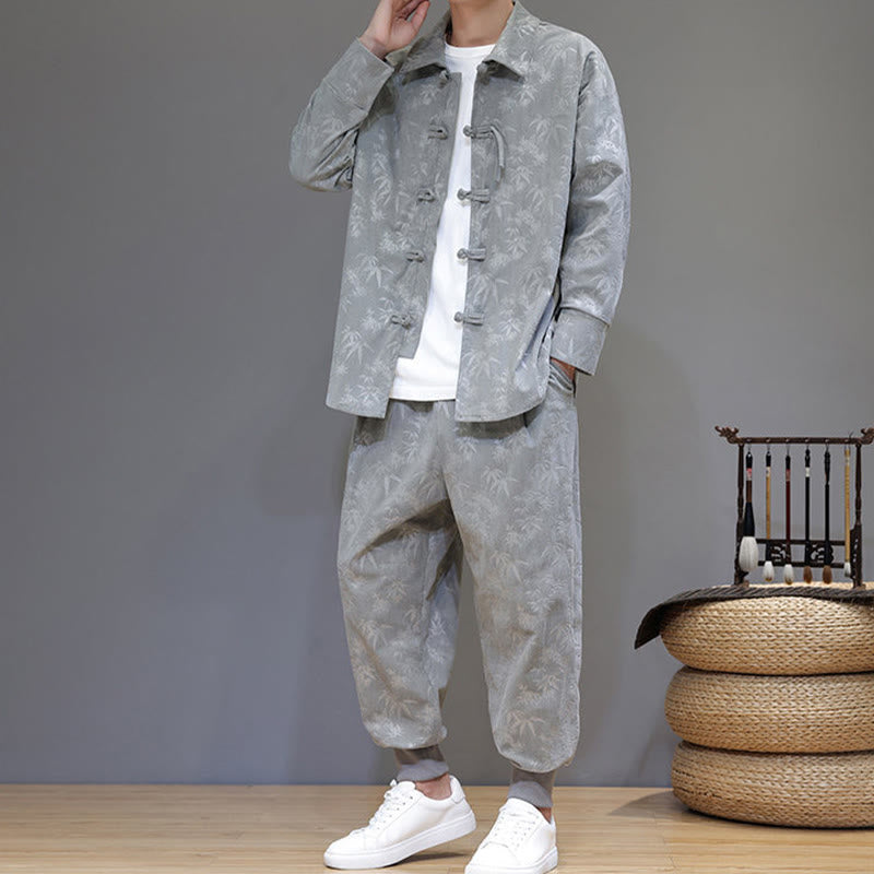 Nimara Ritual 2Pcs Winter Thick Bamboo Men's Tang Suit Frog-Button Cotton Corduroy Long Sleeve Jacket Pants Set With Pockets