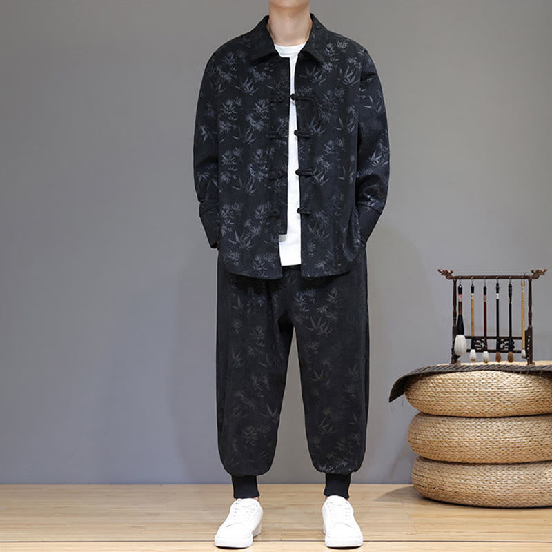 Nimara Ritual 2Pcs Winter Thick Bamboo Men's Tang Suit Frog-Button Cotton Corduroy Long Sleeve Jacket Pants Set With Pockets