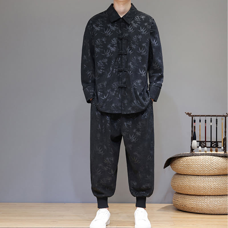 Nimara Ritual 2Pcs Winter Thick Bamboo Men's Tang Suit Frog-Button Cotton Corduroy Long Sleeve Jacket Pants Set With Pockets