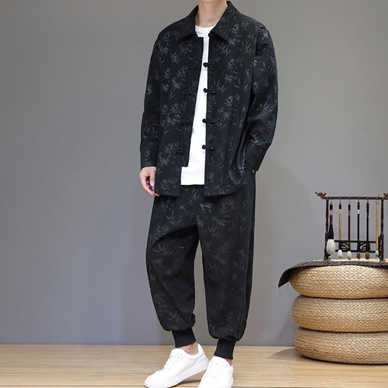 Nimara Ritual 2Pcs Winter Thick Bamboo Men's Tang Suit Frog-Button Cotton Corduroy Long Sleeve Jacket Pants Set With Pockets
