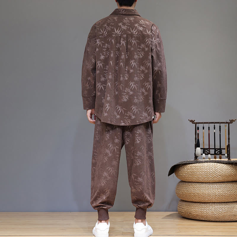 Nimara Ritual 2Pcs Winter Thick Bamboo Men's Tang Suit Frog-Button Cotton Corduroy Long Sleeve Jacket Pants Set With Pockets